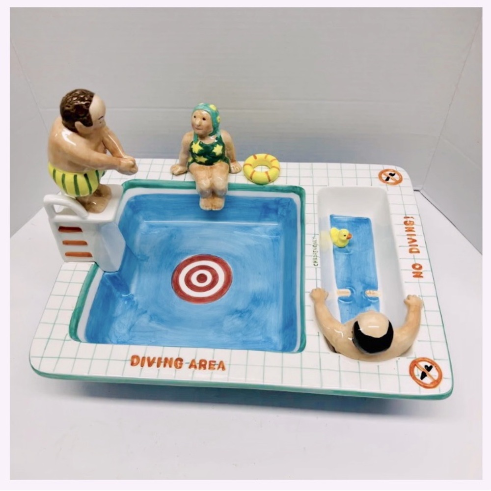 Rare Serving Dish Chip Dip Party Bowl 1990s Vintage Lotus Ceramic Pool Scene